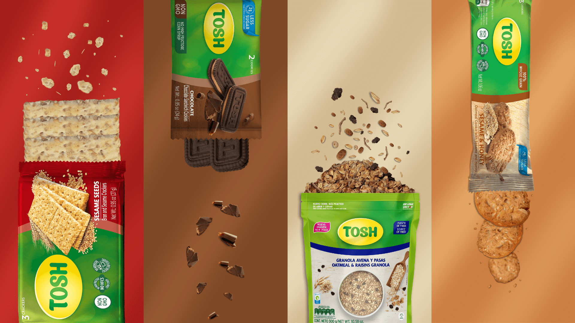 Banner products tosh, crackers sesame, cookies chocolate, granola oatmeal and raisins, sesa and honey