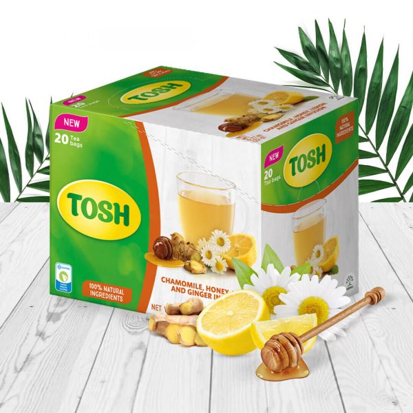 Tosh chamomile honey and ginger tea package